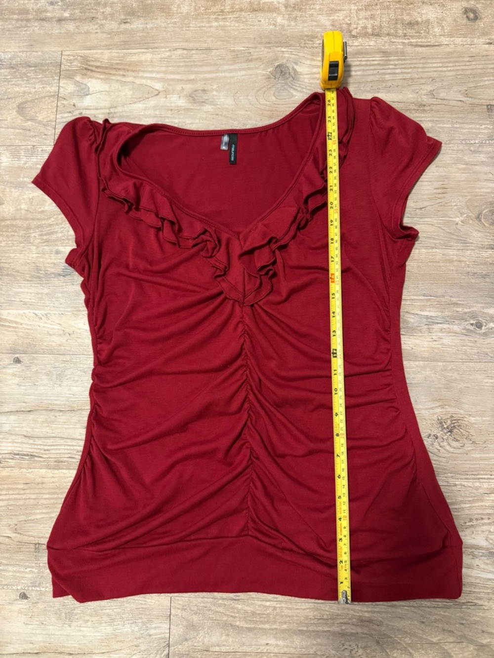 Maurices Deep Red Ruffled V-Neck Ruched Short Sleeve Top - Picture 6 of 9